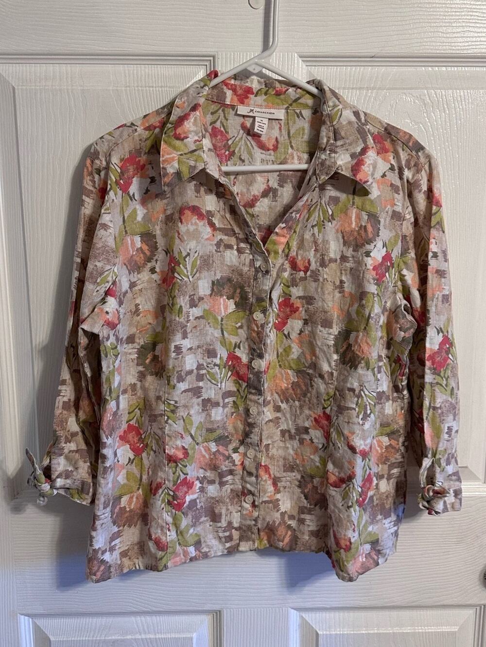 100% Linen JM Collection abstract floral 3/4 sleeve blouse coastal grandma